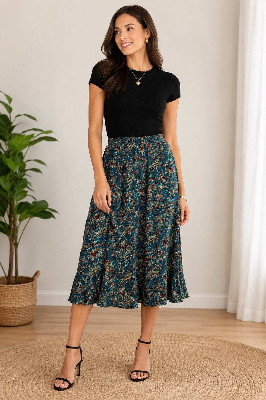 Vintage Liz Baker Essentials Teal Paisley Midi Skirt Elastic Waist Boho Size L